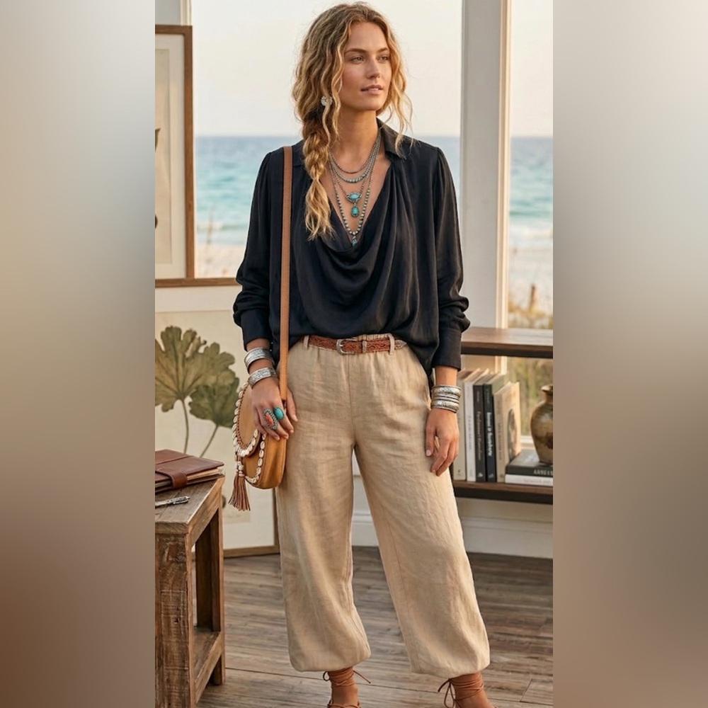 Free People Shine Bright Cowl Neck Top Satin Midnight Brown‎ M NWT boho